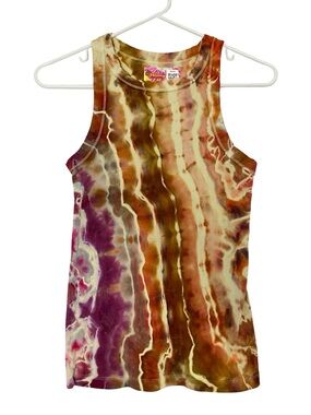 Upcycled Ice Tie Dye Tank Top Womens Size Small Geode Ribbed Handmade Brown Red